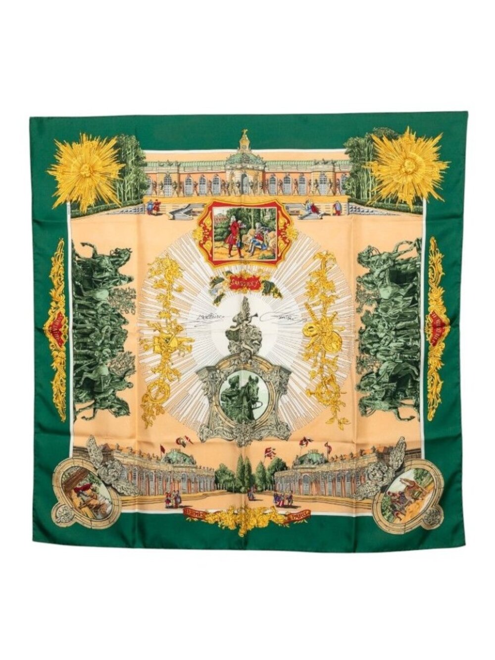 Hermes Carre 90 Sanssoucy Sanssouci Palace Scarf Large Green Multicolor Silk